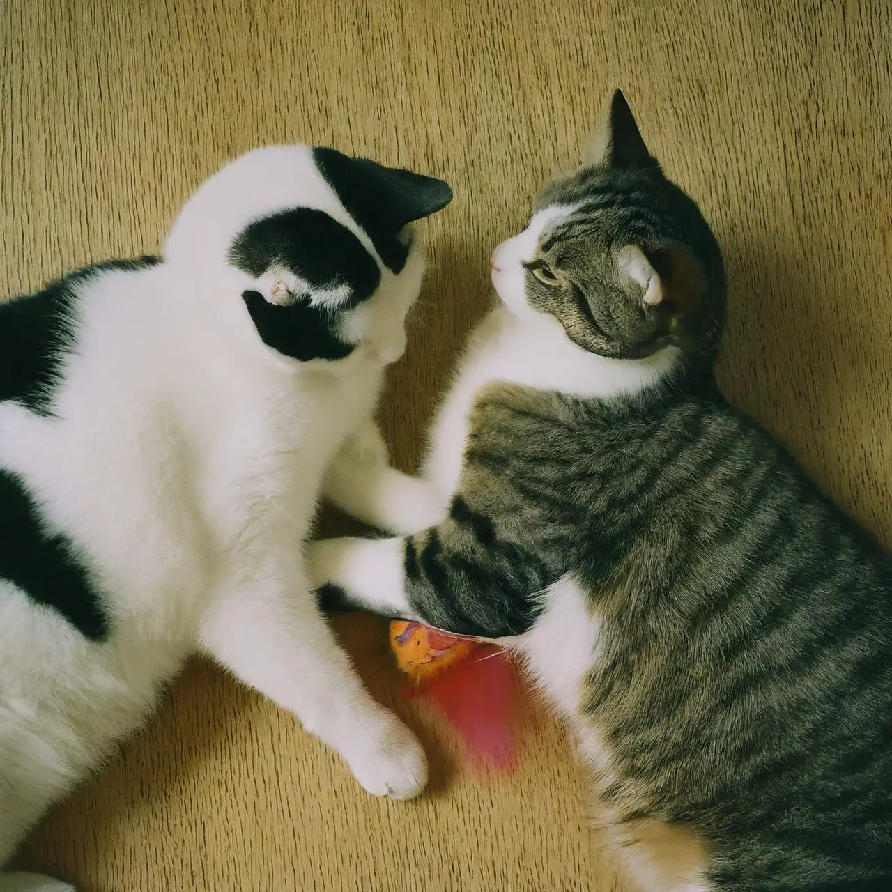 Two cats playing gently with a toy together. 35mm stock photo