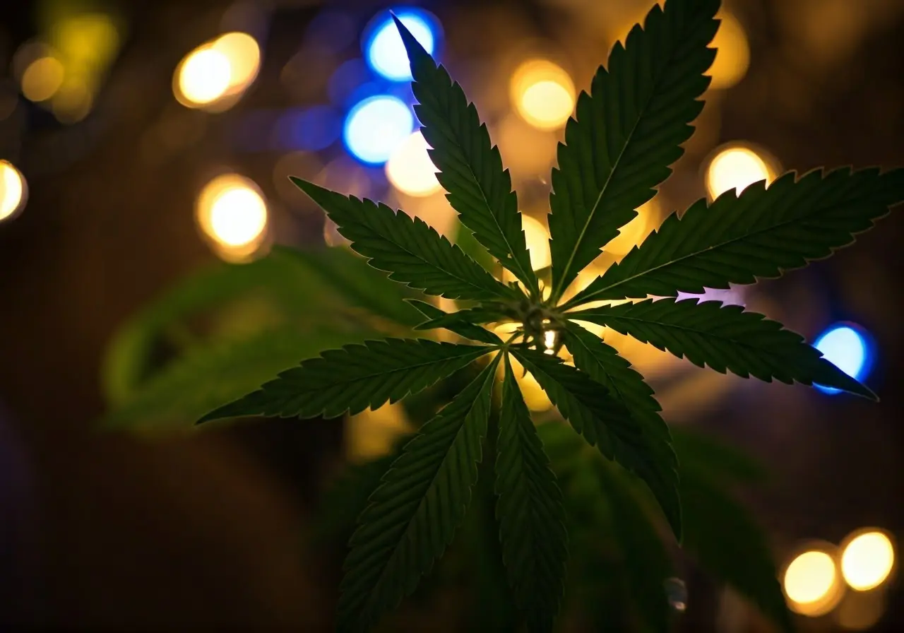 Cannabis leaves and colorful glowing lights create an ethereal ambiance. 35mm stock photo