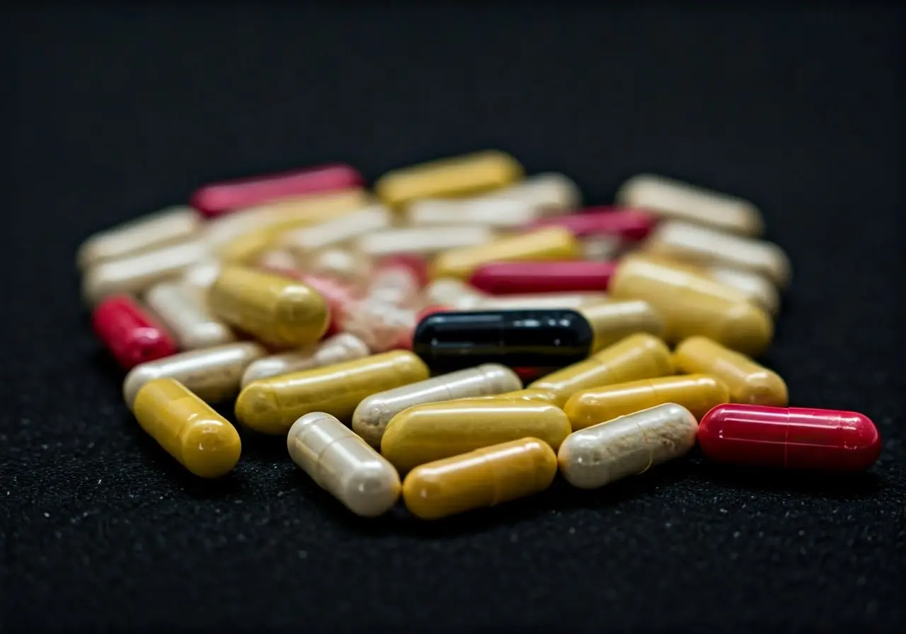 A variety of colorful supplement capsules on a white background. 35mm stock photo