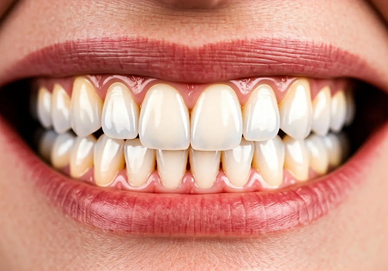 A close-up of shiny, perfectly aligned white teeth smiling. 35mm stock photo