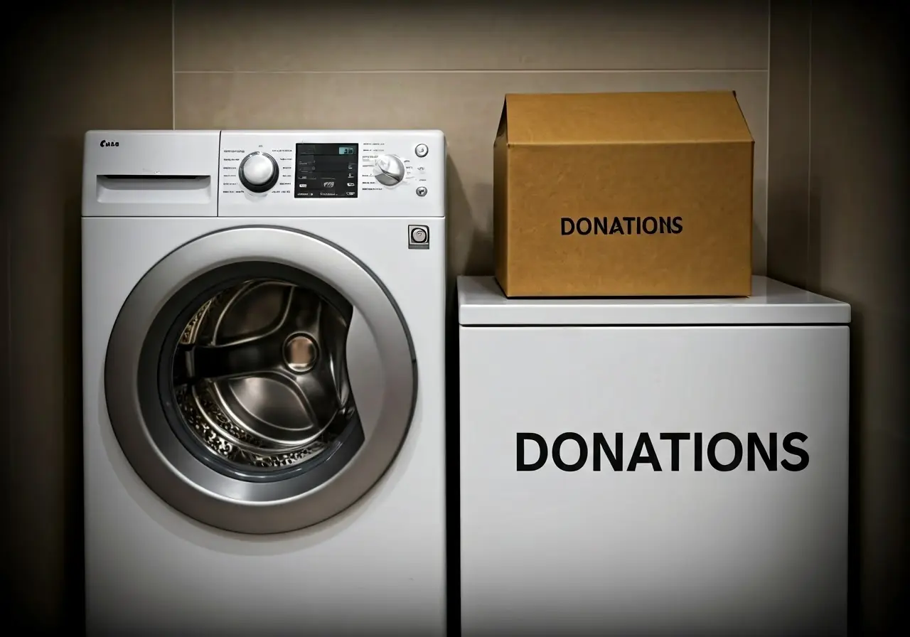 A washer and dryer set beside a donation box. 35mm stock photo