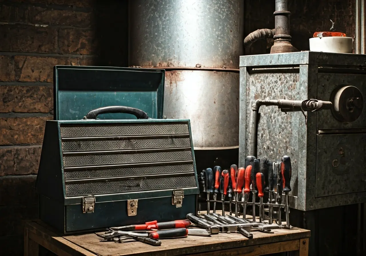 A toolbox with assorted tools next to a furnace. 35mm stock photo