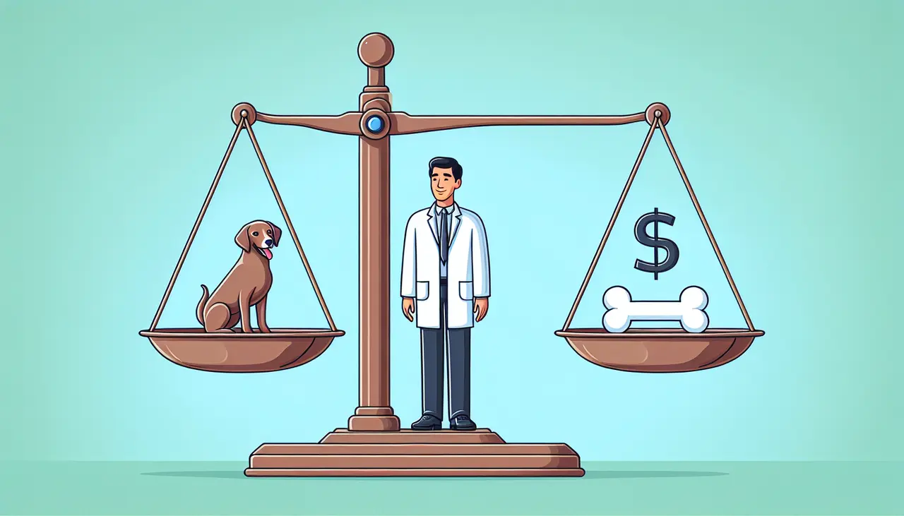 Draw a graphic in flat design style. A flat design illustration of a dog and a person, with a scale balancing a dog bone and a dollar sign, representing the assessment of damages.