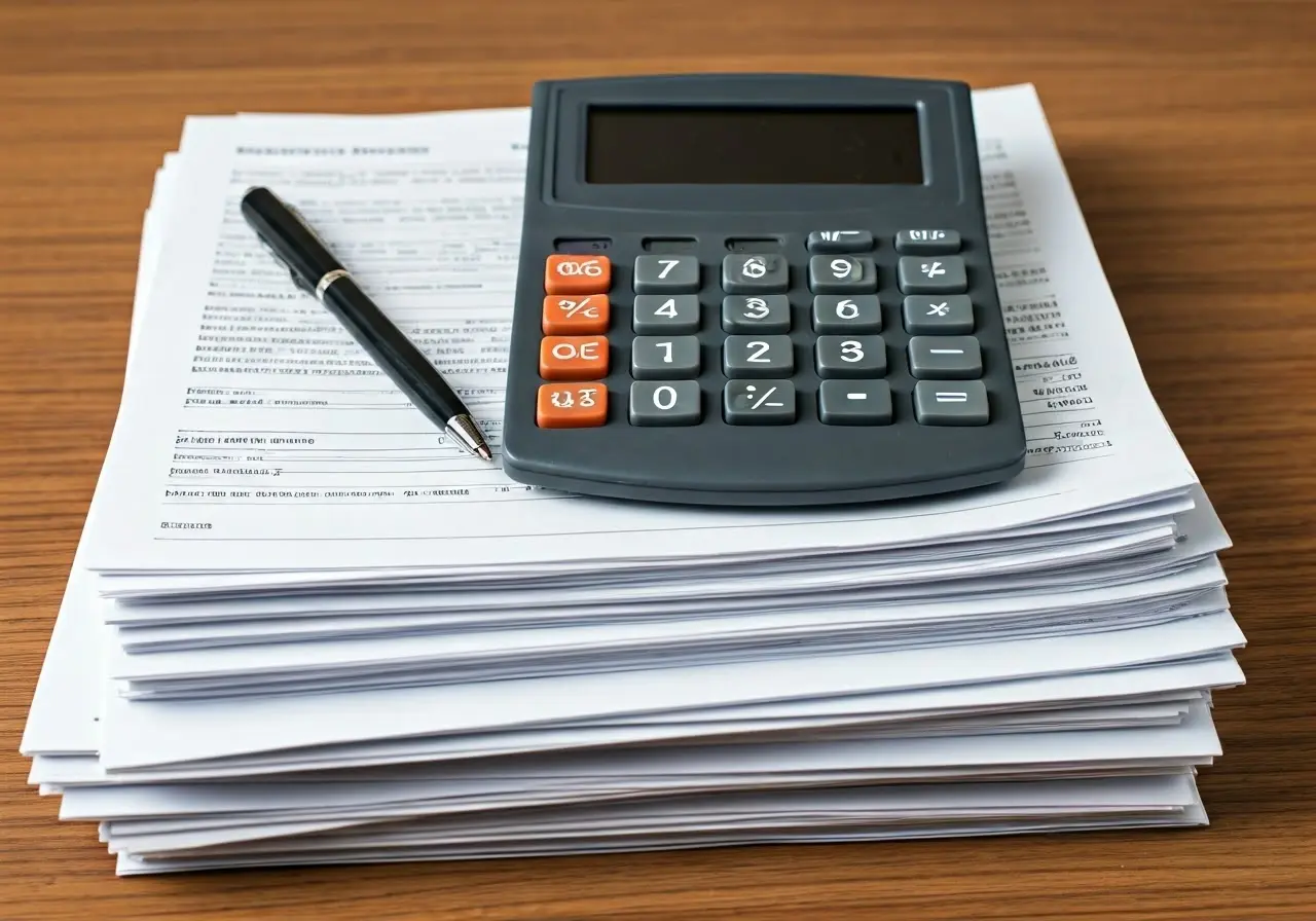 A calculator resting on a stack of real estate documents. 35mm stock photo