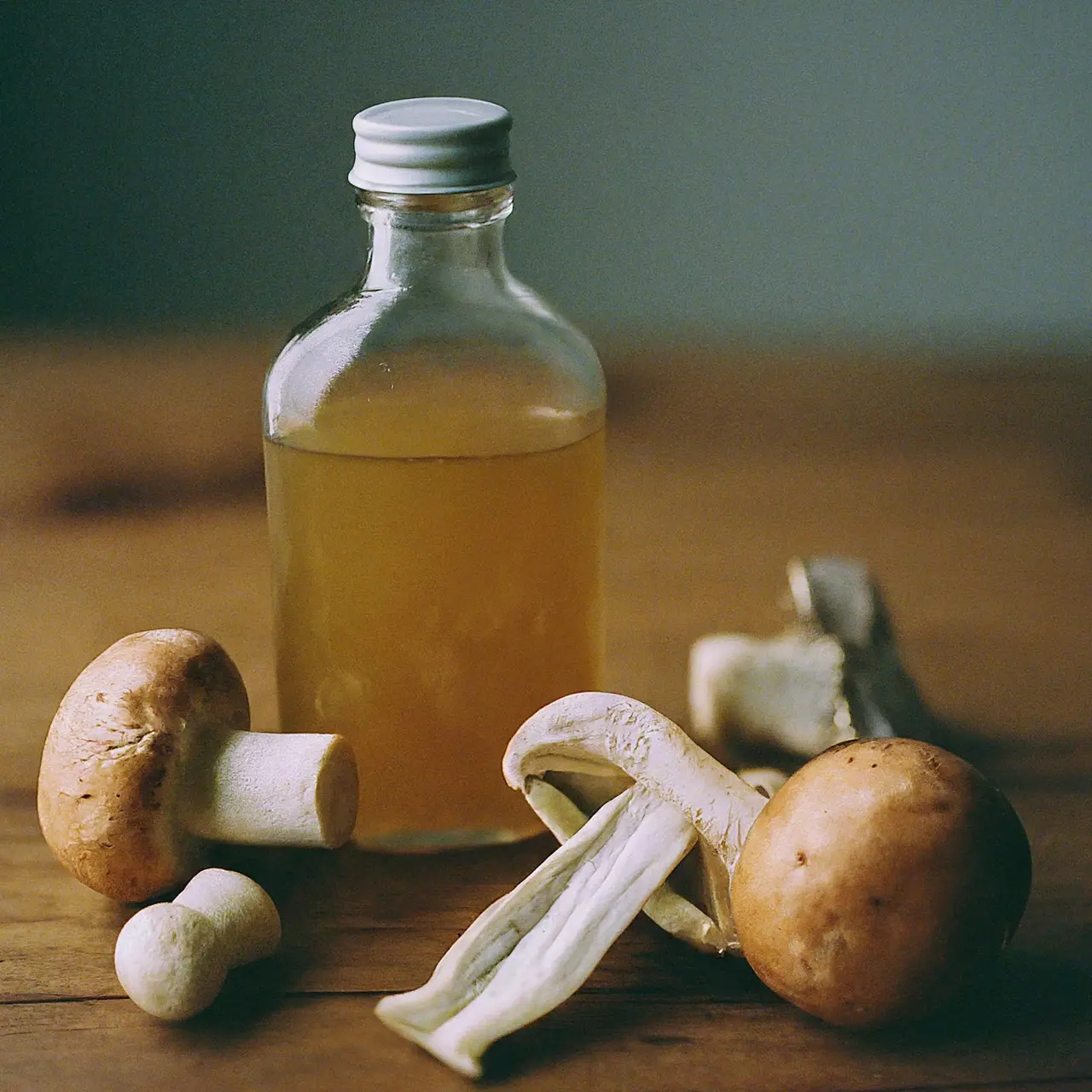 A bottle of mushroom tincture next to fresh mushrooms. 35mm stock photo