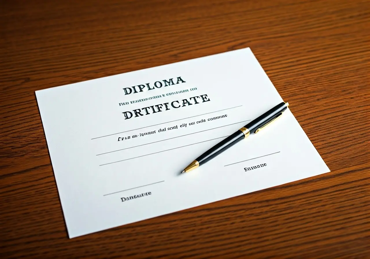 A diploma certificate on a wooden desk with a pen. 35mm stock photo