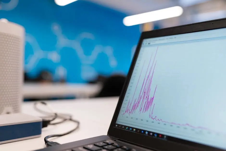 Laptop displaying data analytics graph in a modern office setting, symbolizing growth and technology.