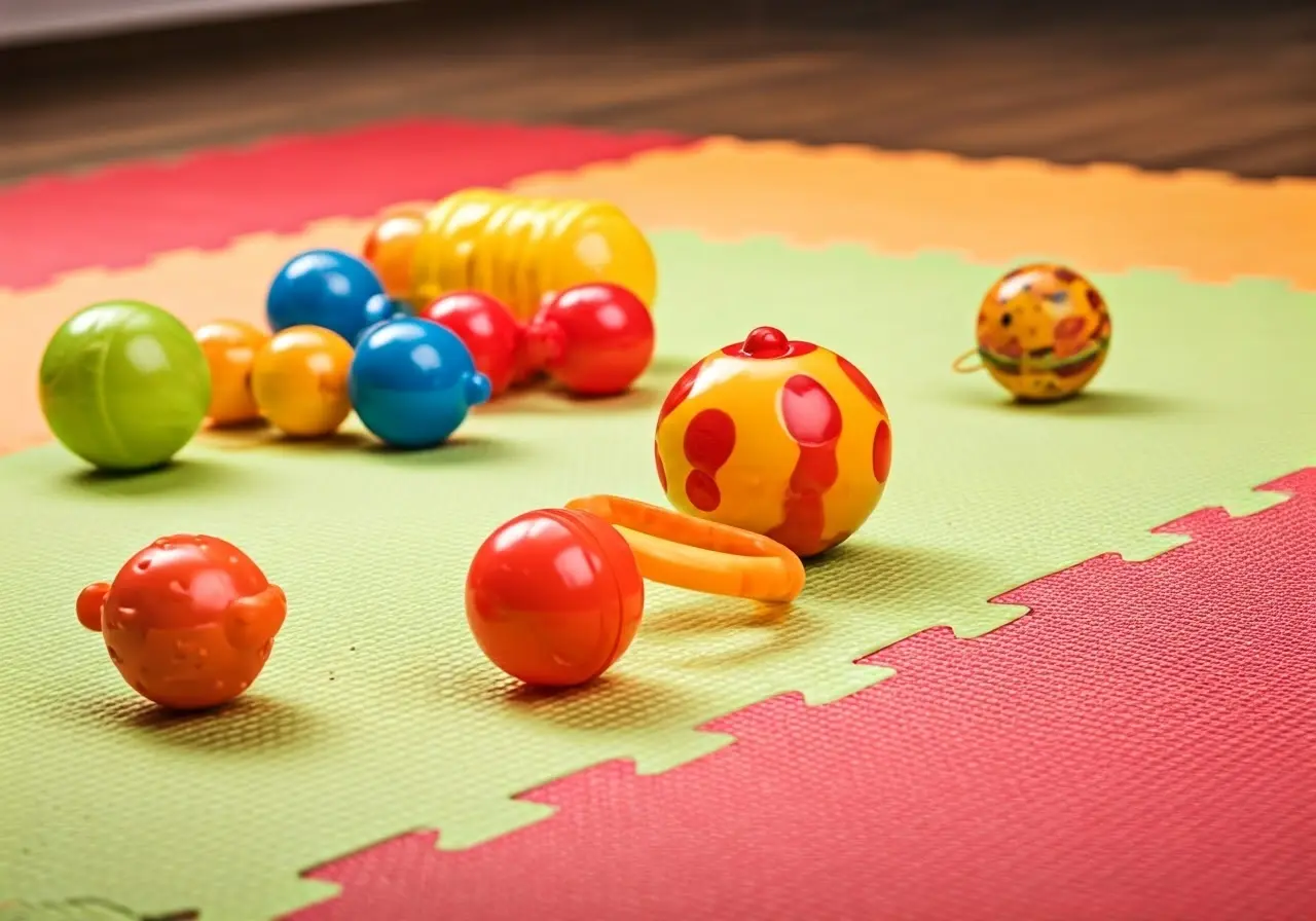 Colorful baby toys scattered across a soft play mat. 35mm stock photo