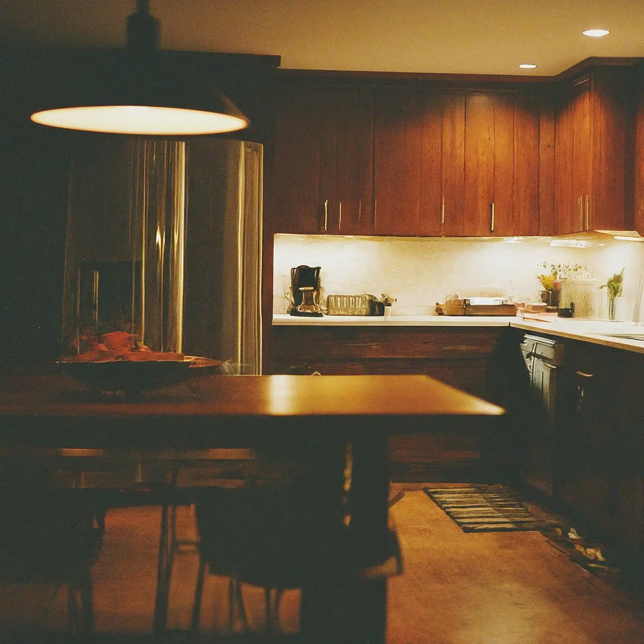 Bright kitchen lit by under-cabinet lights at night. 35mm stock photo