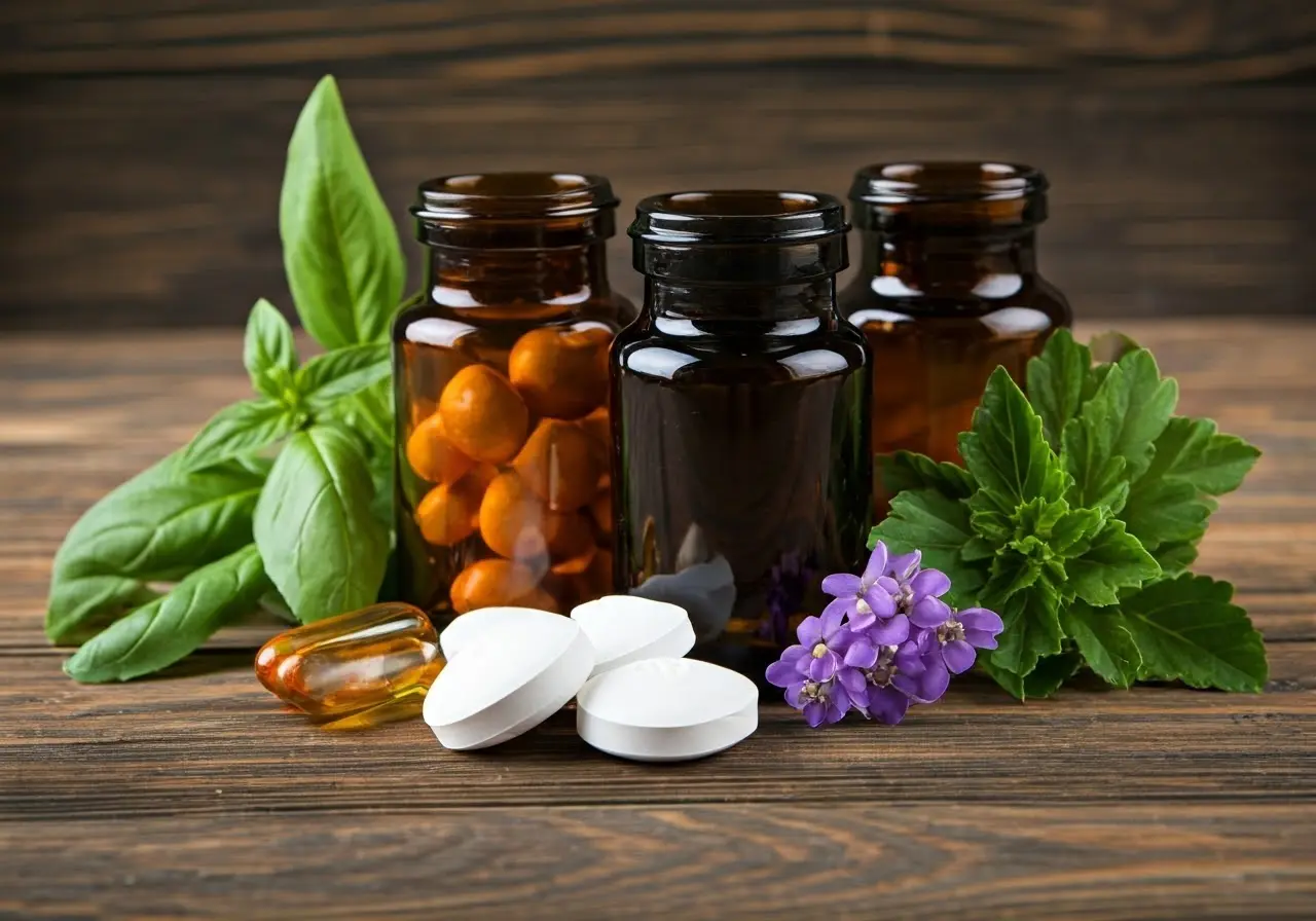 A variety of heart-healthy supplements and herbs on a table. 35mm stock photo