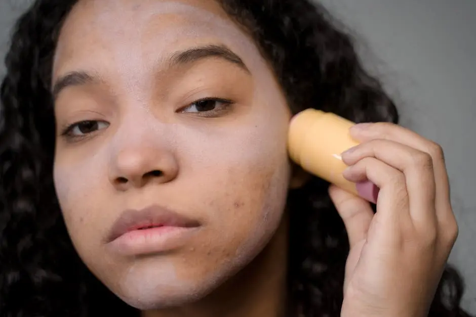 Close-up portrait of a woman applying skincare product to address acne and improve skin texture.