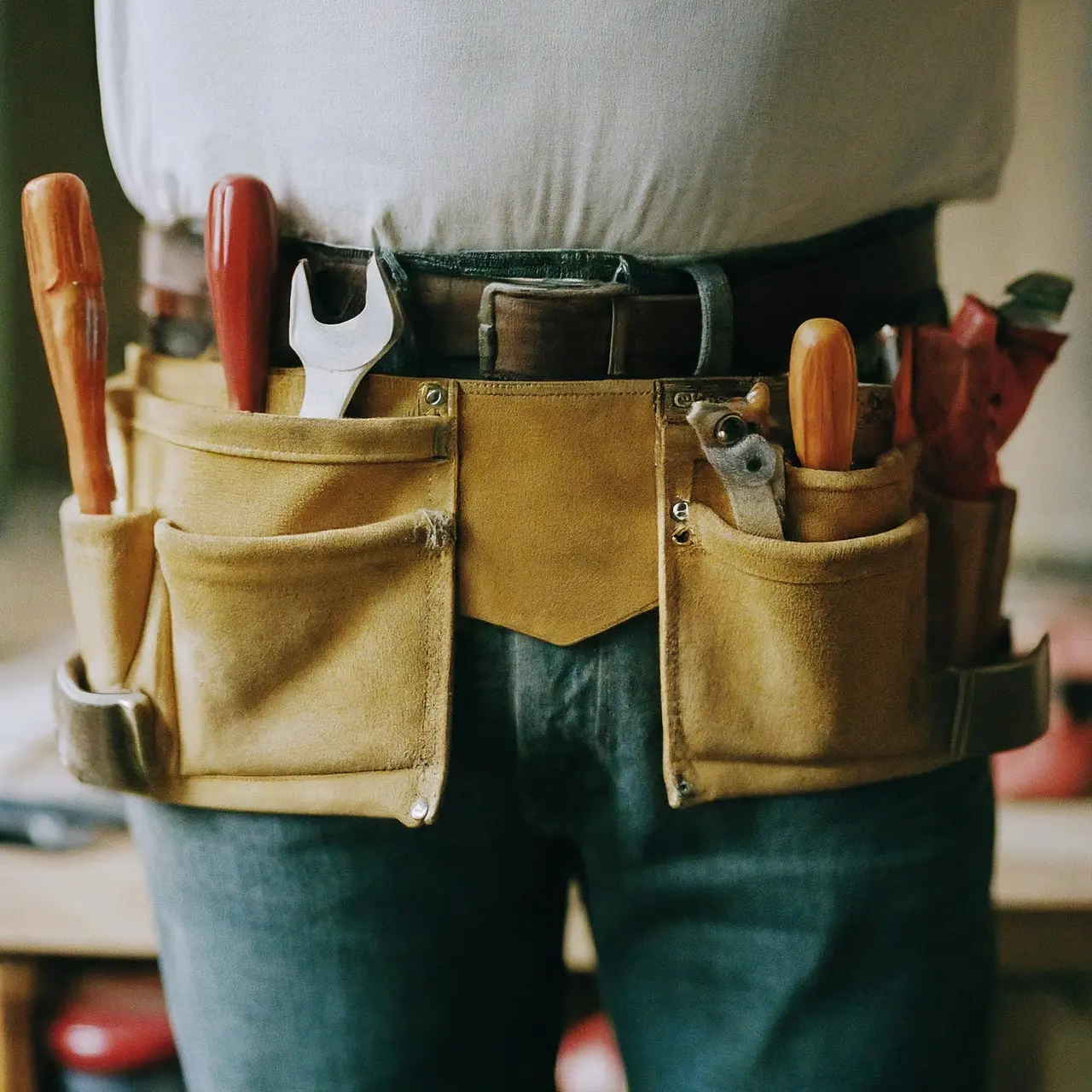 A toolbelt filled with various handyman tools on a workbench. 35mm stock photo