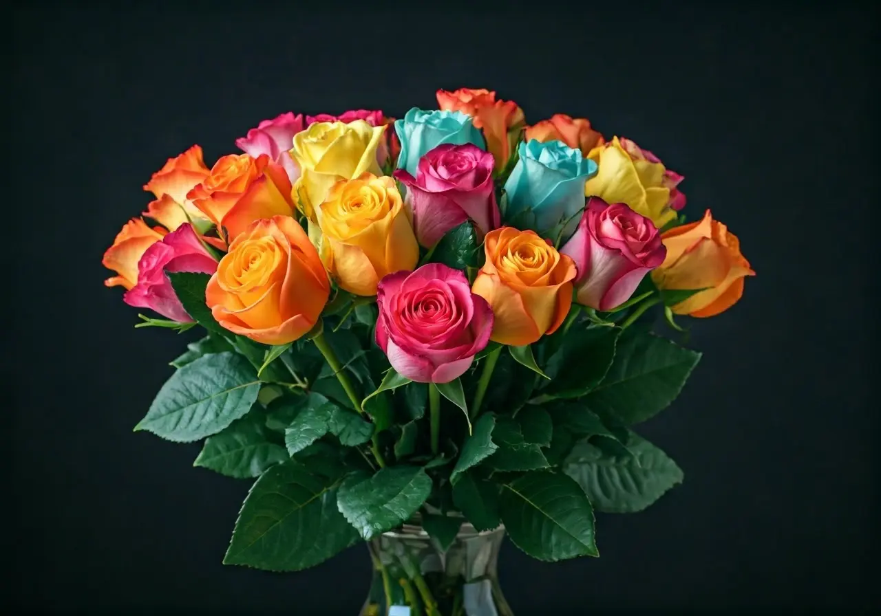 A vibrant bouquet of multicolored Ecuadorian roses in a vase. 35mm stock photo