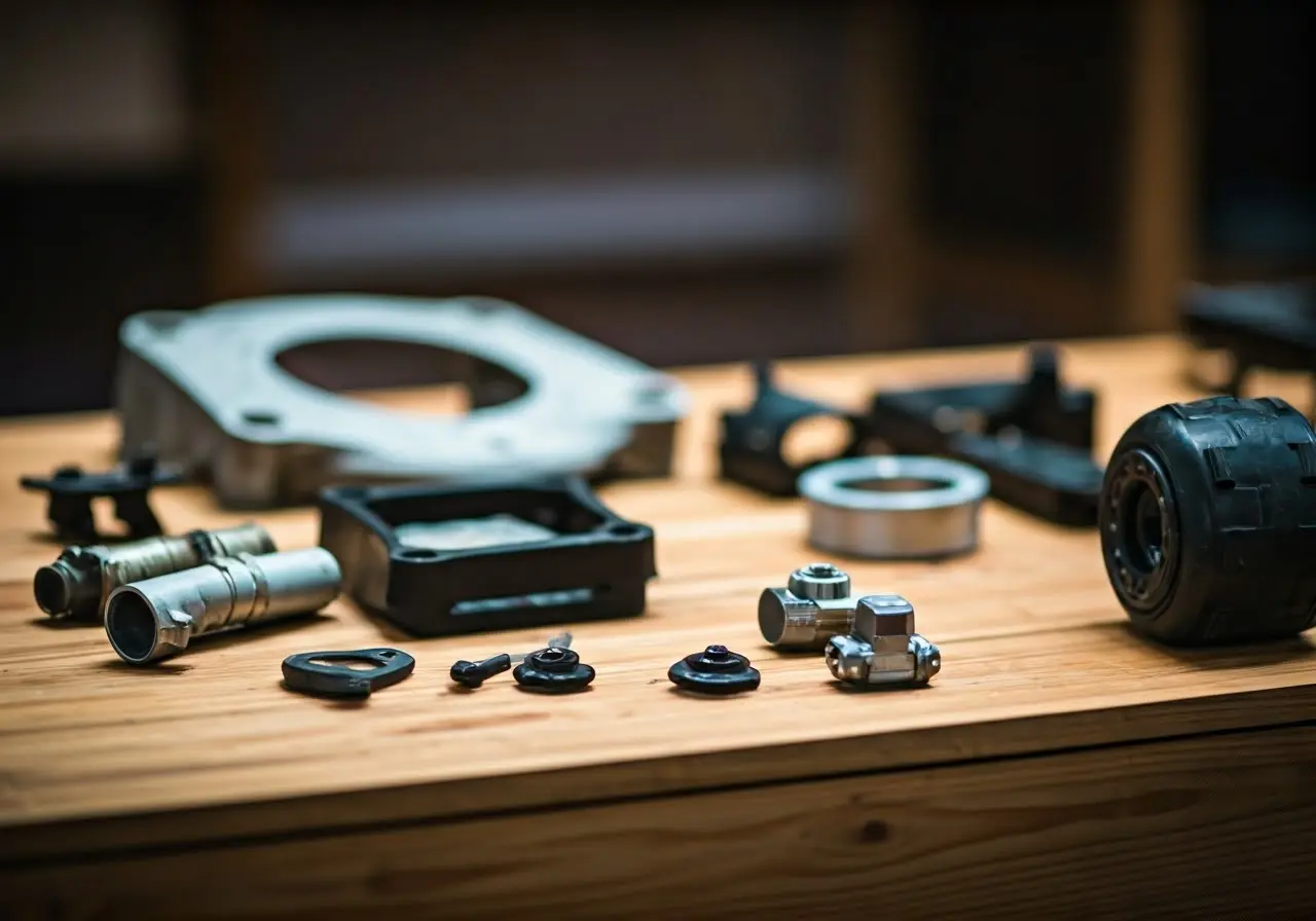 A close-up of essential ATV parts laid out on a table. 35mm stock photo