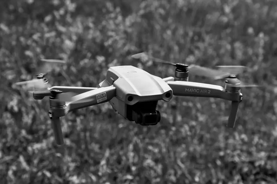 Monochrome image of a drone flying over a blurred natural background, showcasing motion and technology.