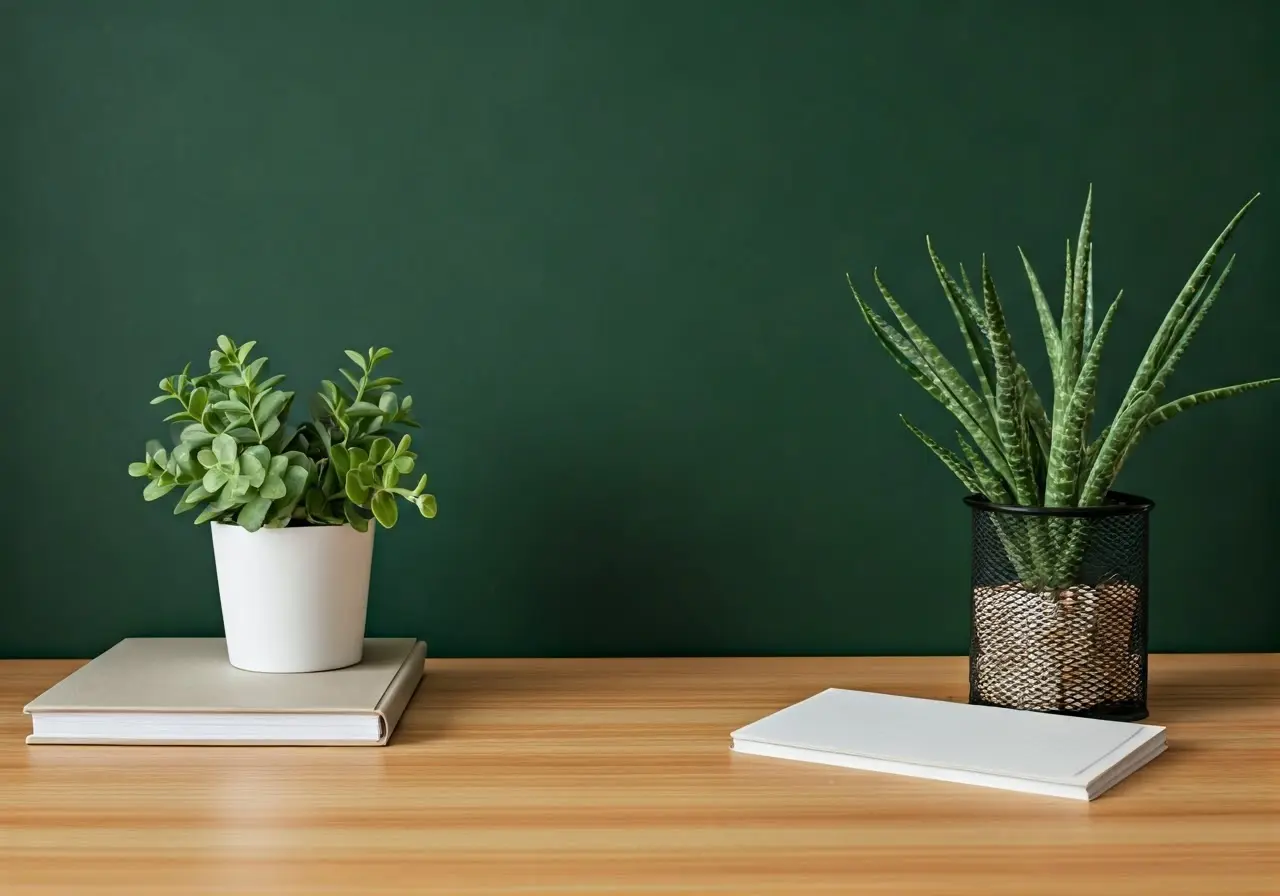 A well-organized desk featuring stylish office accessories and plants. 35mm stock photo