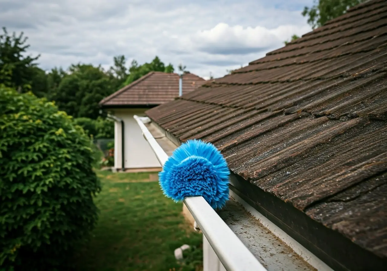 A person cleaning gutters on a suburban house. 35mm stock photo