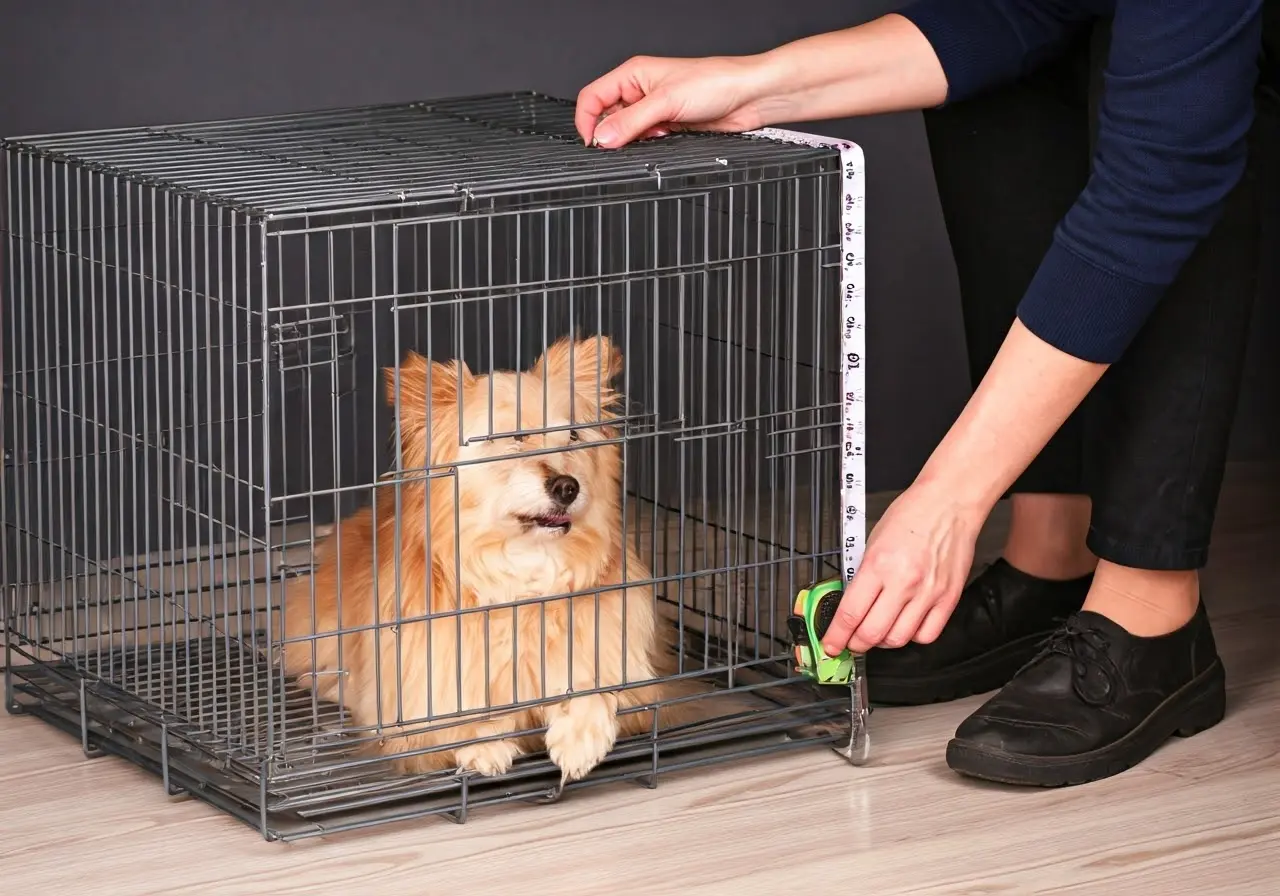 Image of measuring a dog crate with a tape measure. 35mm stock photo