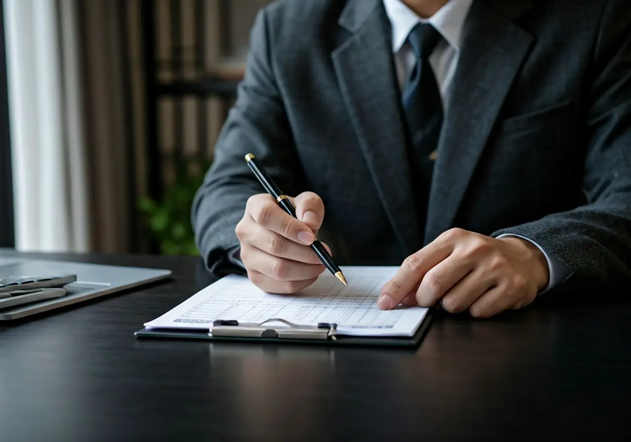 An accountant balancing financial statements at a desk. 35mm stock photo