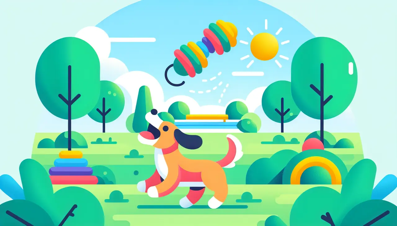 Draw a graphic in flat design style. A happy dog playing with a colorful, interactive toy in an open, green park.