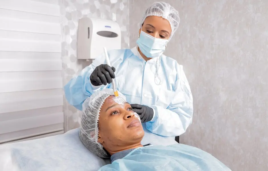 A beautician applies a treatment to a woman’s face in a spa, focusing on skincare.