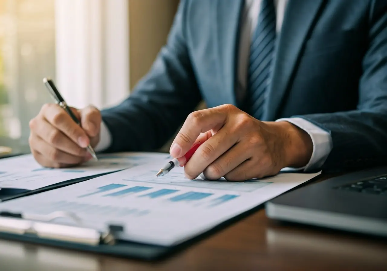 A businessman analyzing financial charts on a laptop. 35mm stock photo