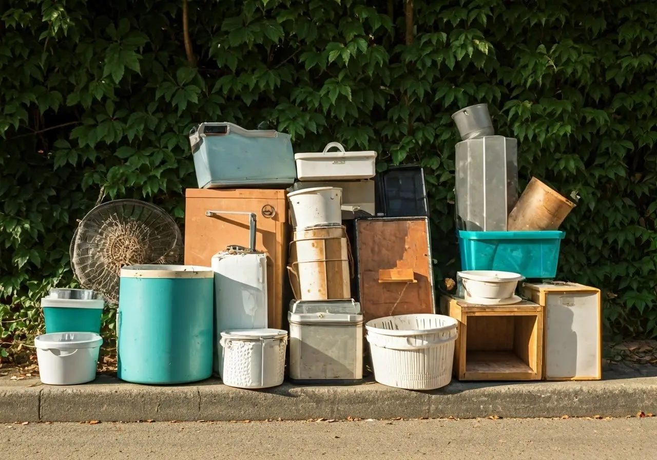 A pile of old, discarded household items on a curb. 35mm stock photo