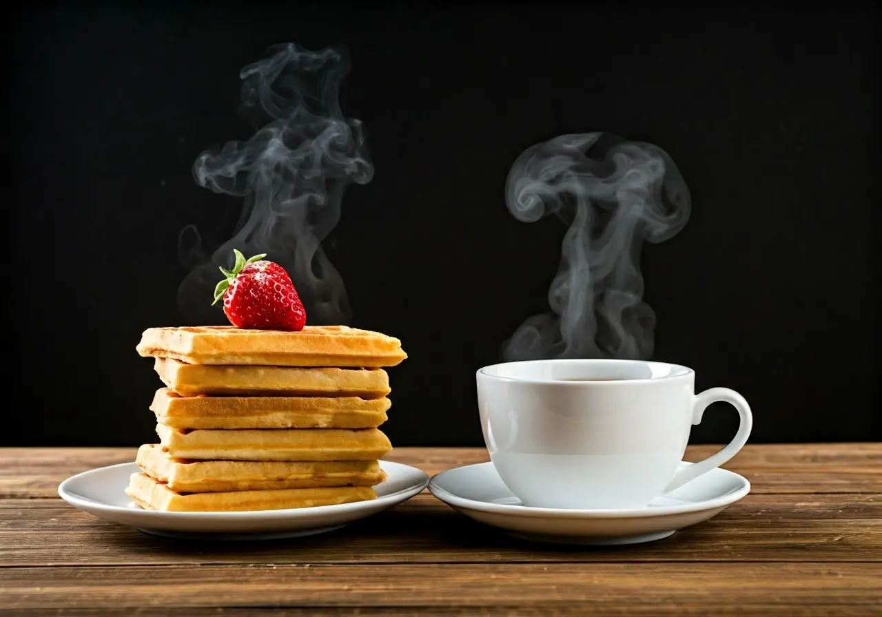 A steaming cup of tea next to a stack of waffles. 35mm stock photo