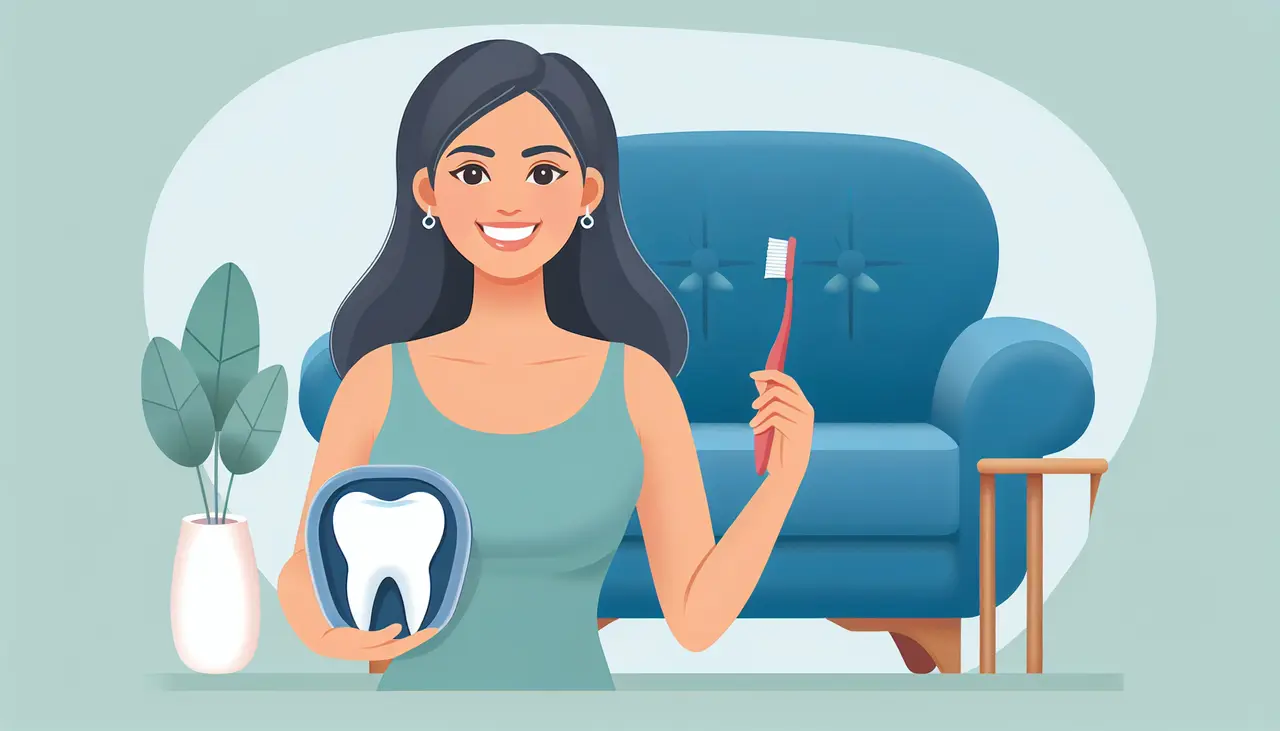 Draw a graphic in flat design style. Illustration of a smiling person showing dental implants with a toothbrush and a comfortable armchair in the background.