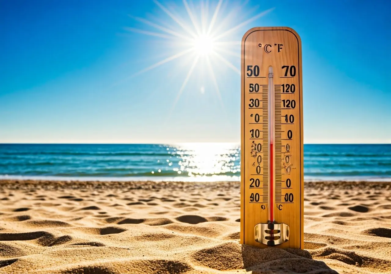 A thermometer reading high temperature in a sunny beach setting. 35mm stock photo