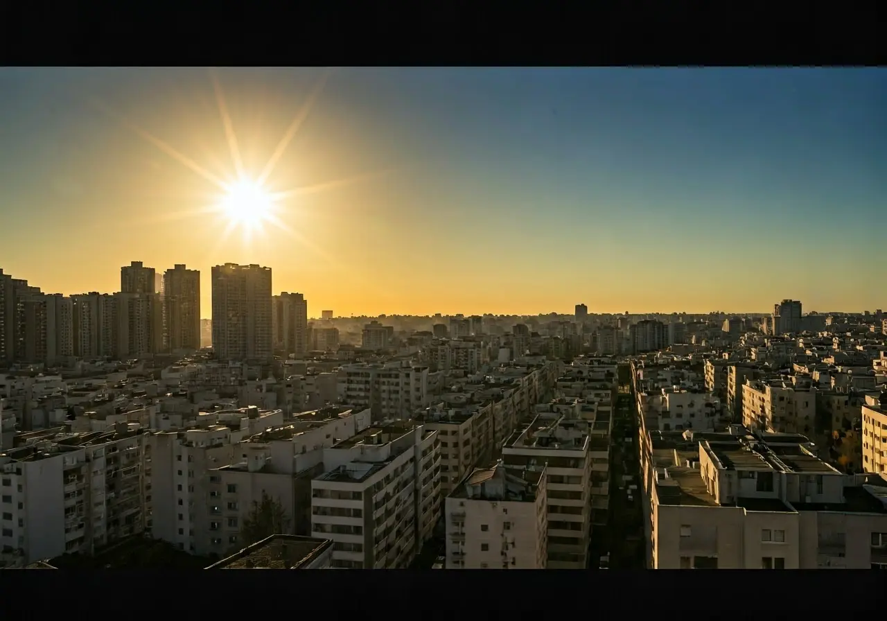 A sweltering sun over a cityscape with sweating buildings. 35mm stock photo