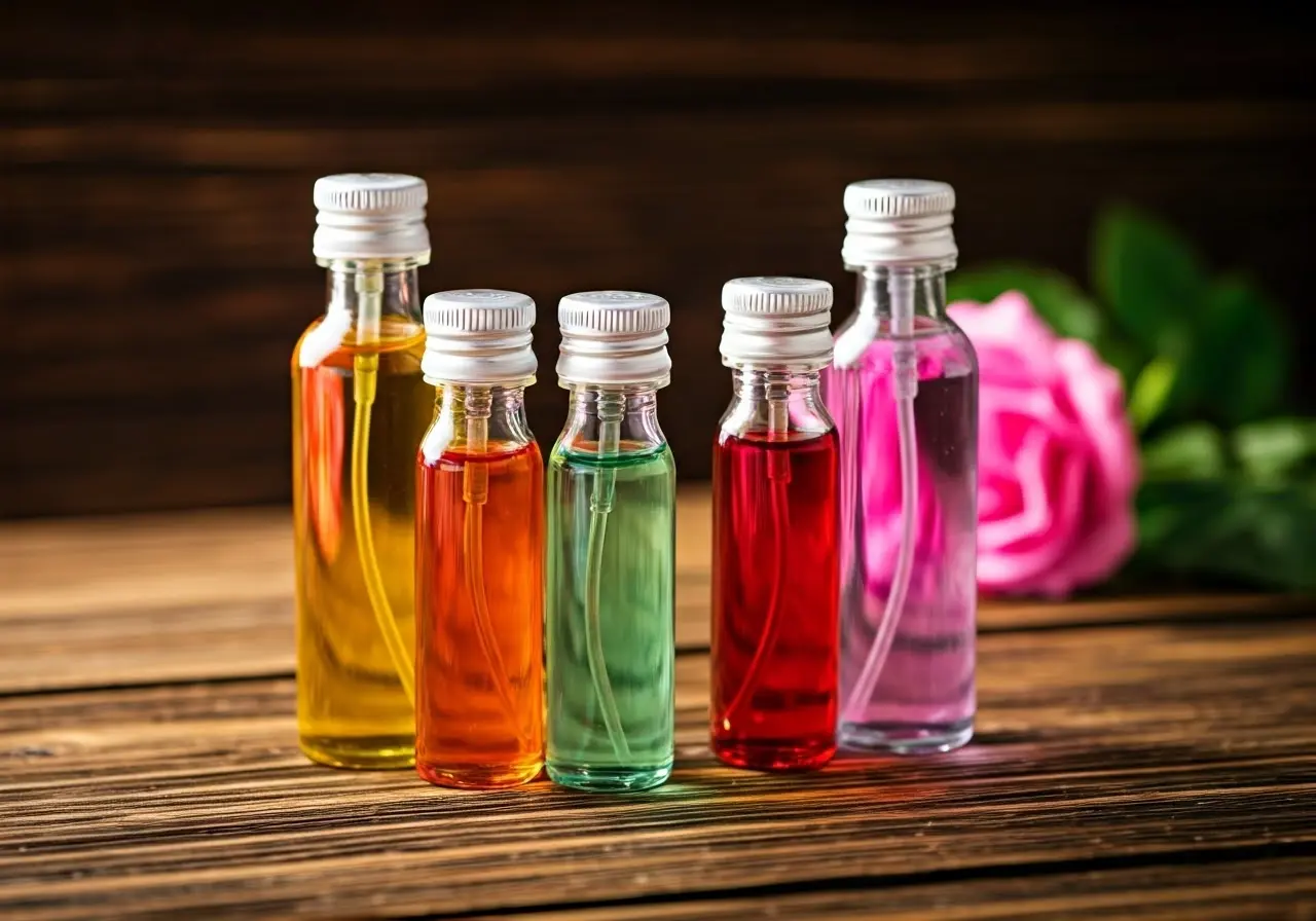 Colorful bottles of floral fragrance oils on a wooden table. 35mm stock photo