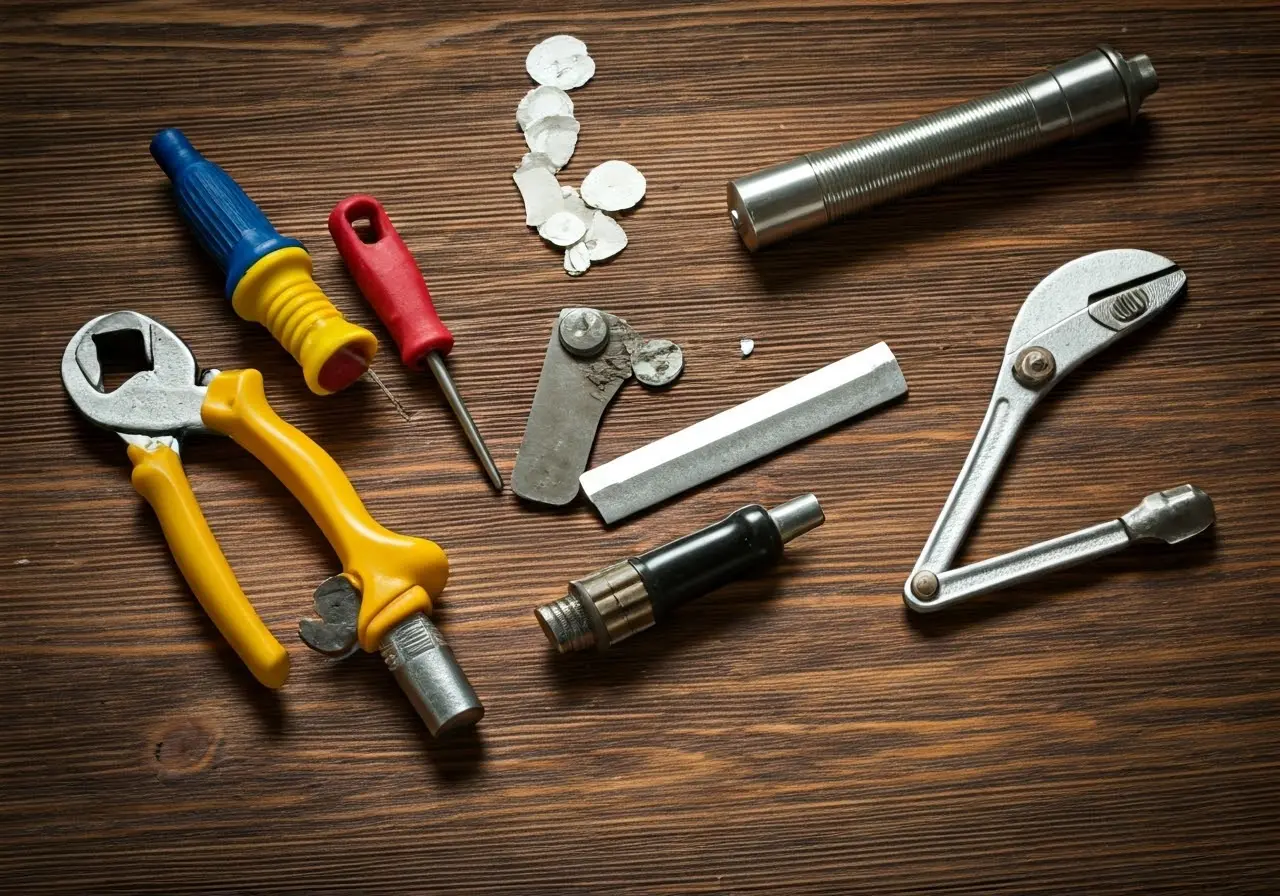 A locksmith’s toolkit on a wooden surface. 35mm stock photo