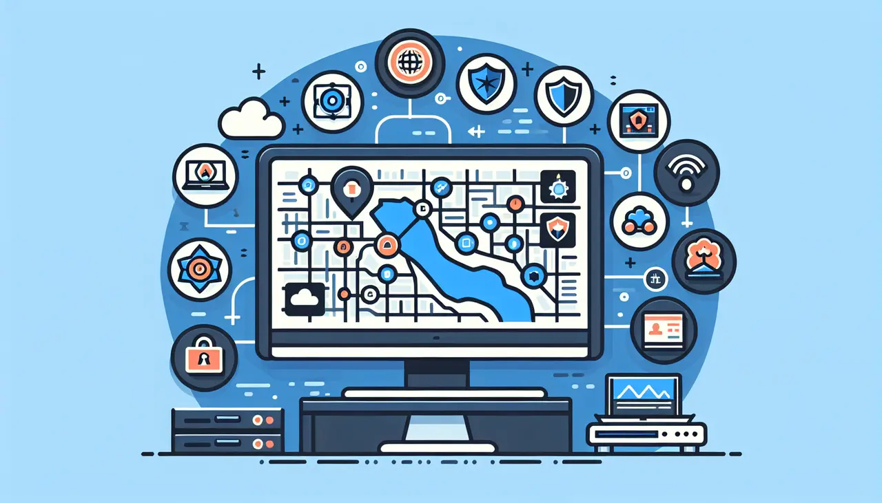 Draw a graphic in flat design style. A sleek, flat design illustration of a computer monitor displaying a map of Orange County with icons representing various IT services like cloud computing, cybersecurity, and tech support around the map.