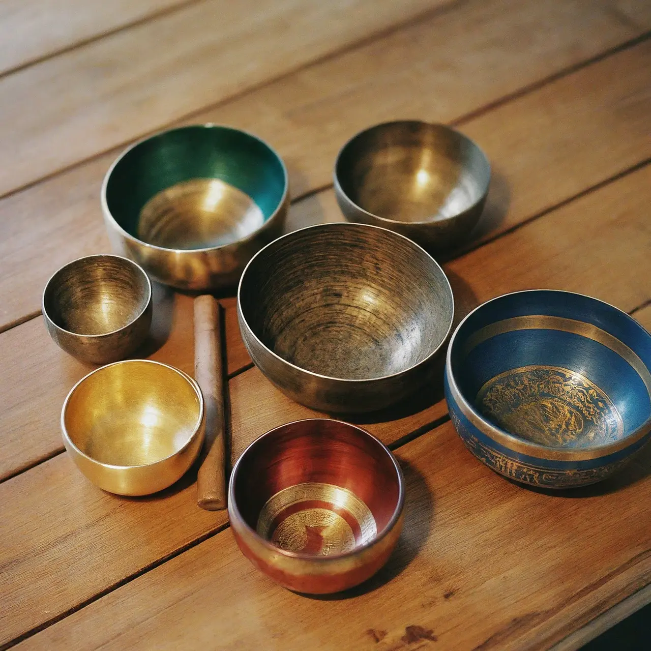 A set of colorful singing bowls on a wooden table. 35mm stock photo