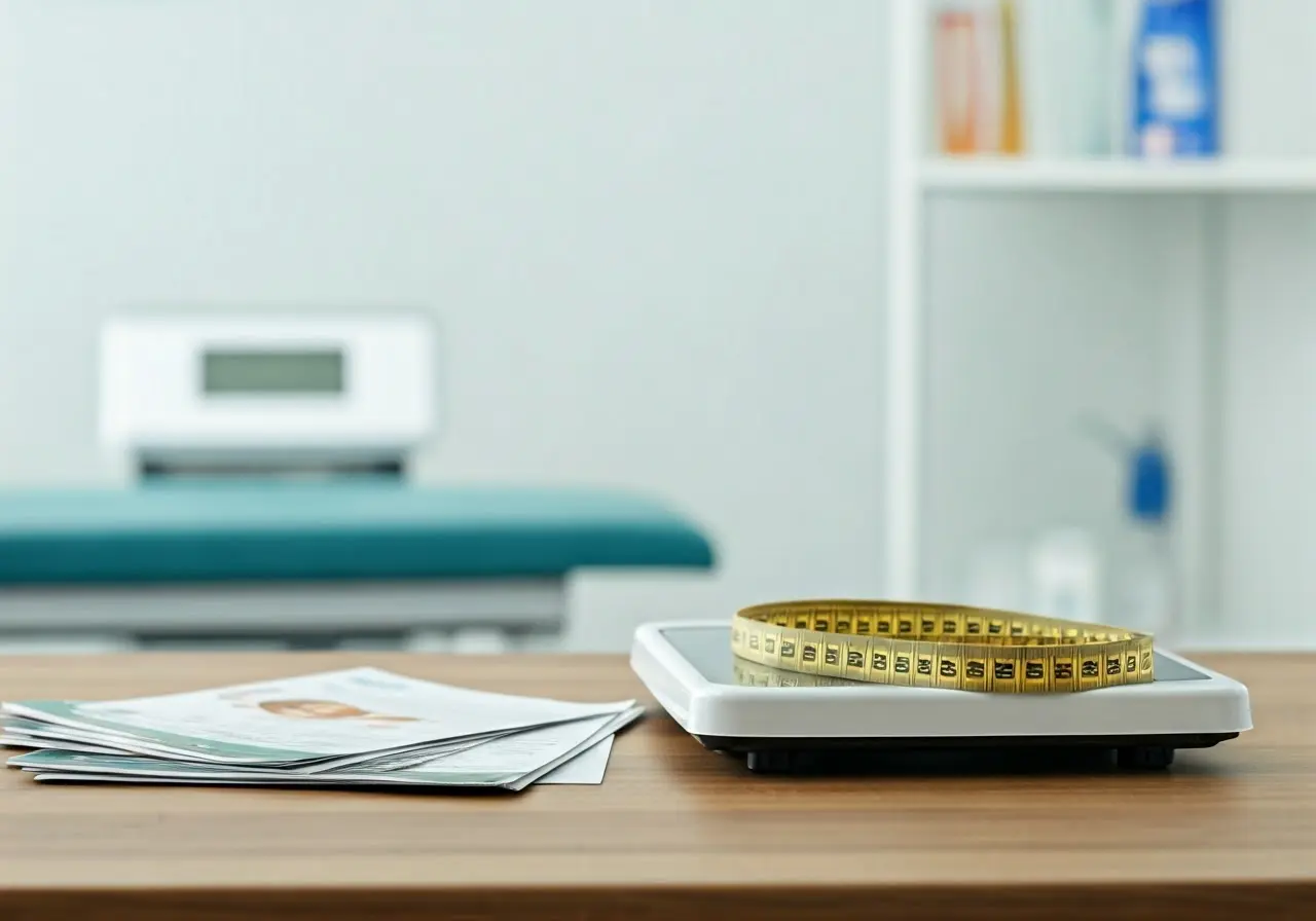 Image prompt: Medical office with scale, measuring tape, and health brochures. 35mm stock photo