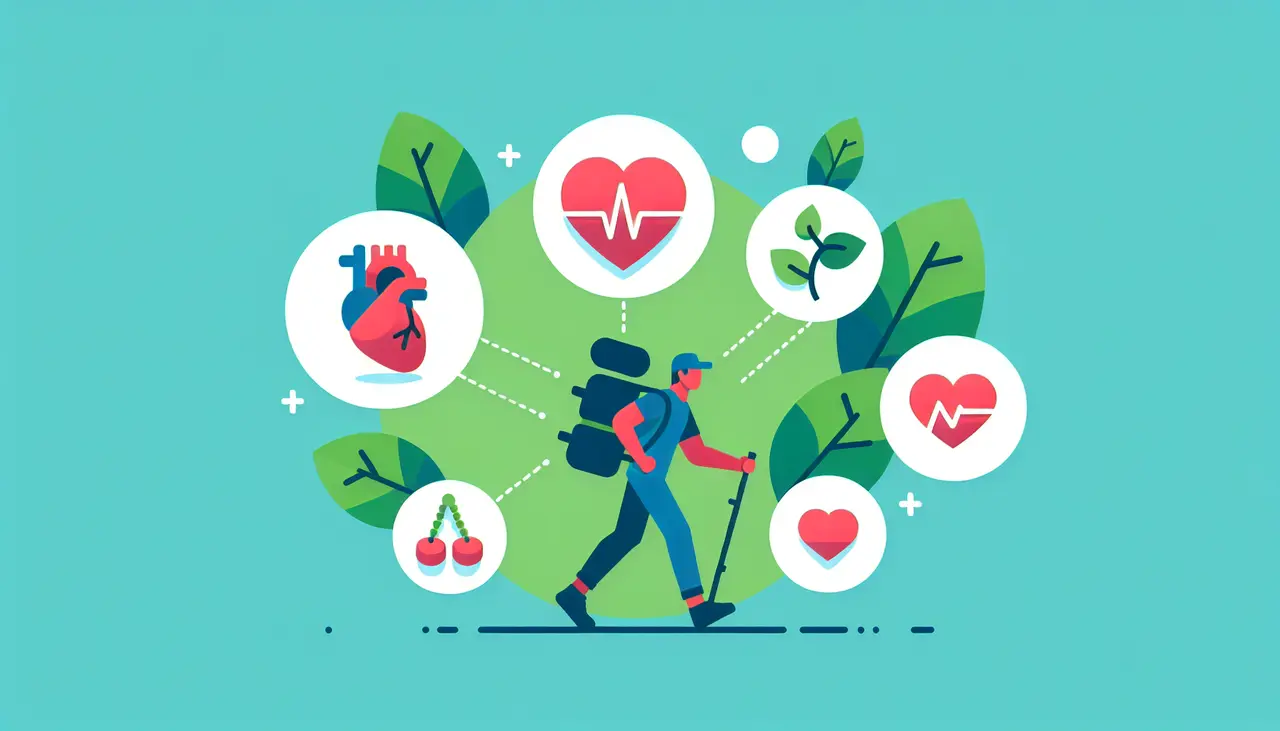 Draw a graphic in flat design style. A person walking with a weighted backpack, showing simple icons of a heart, muscles, and health.