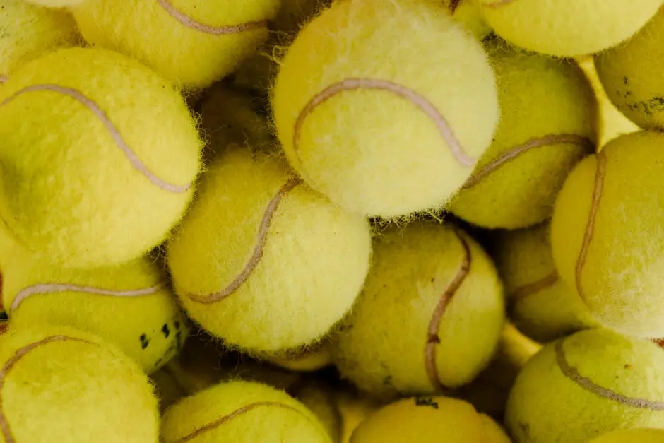 A macro shot of brightly colored yellow tennis balls grouped together.