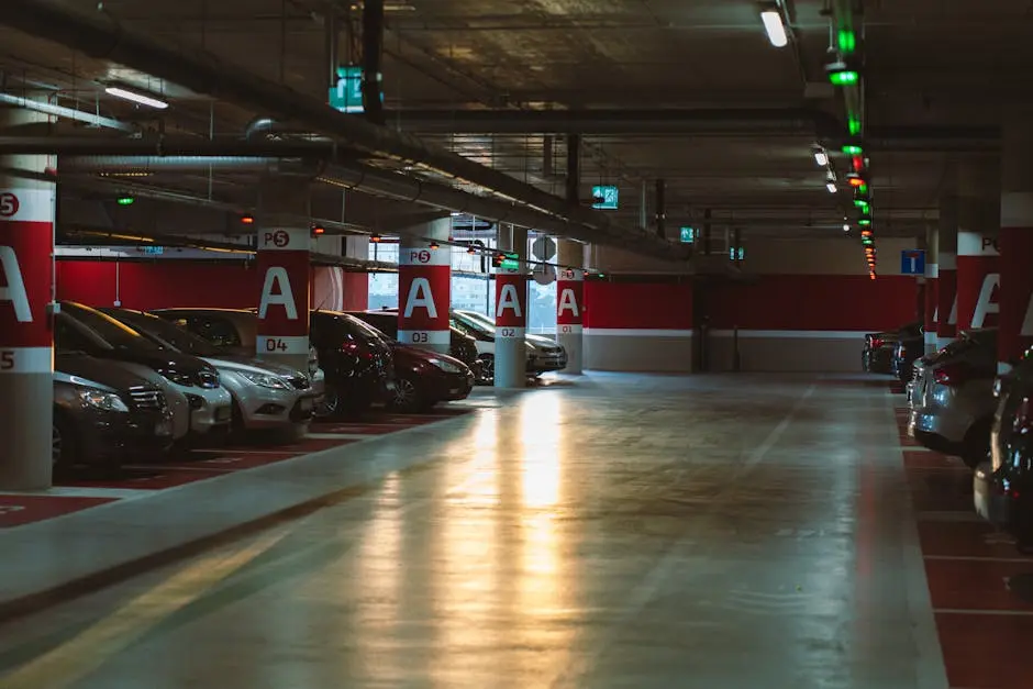 Explore a well-lit underground parking garage in Budapest, showcasing urban architecture and modern facilities.