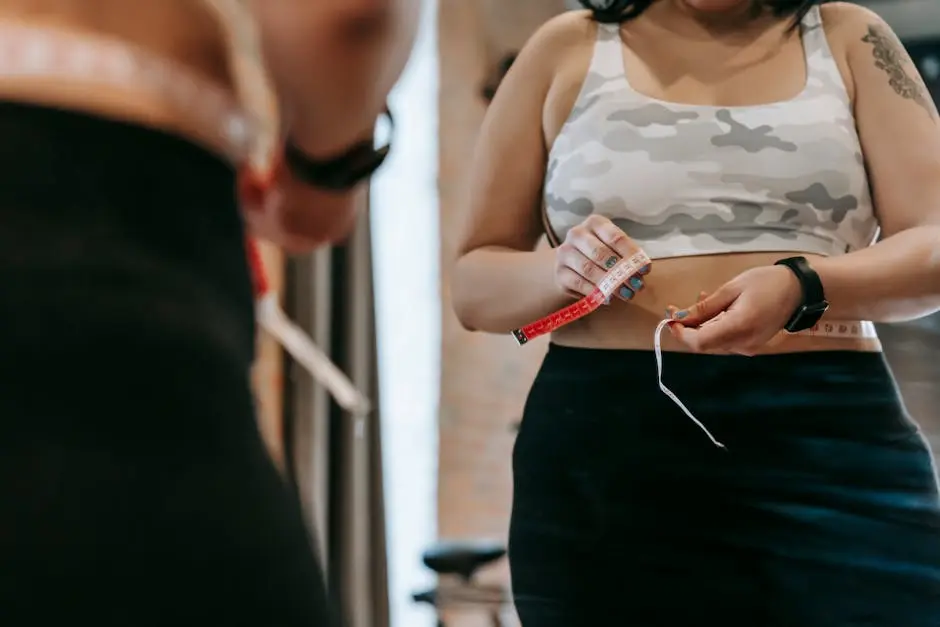 Woman in sportswear measuring her waist with a tape measure, emphasizing fitness and body awareness.