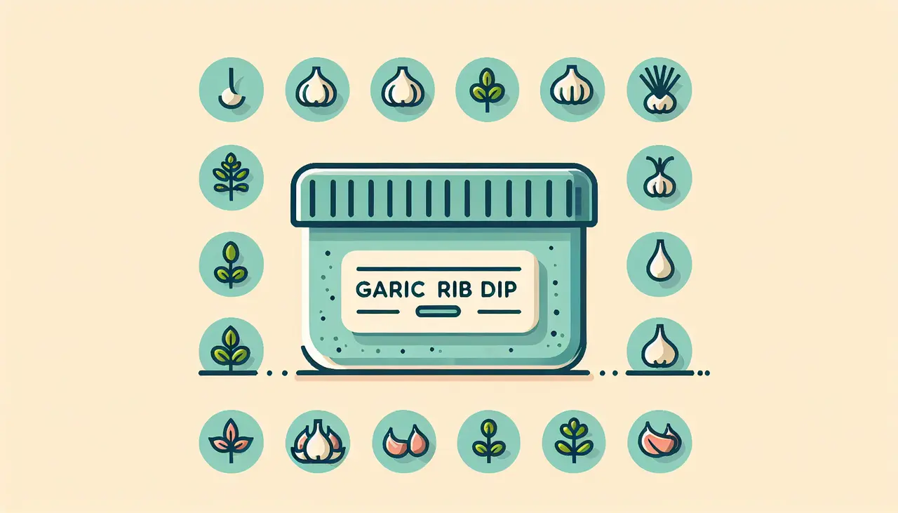 Draw a graphic in flat design style. A flat design image of a labeled airtight container with garlic and herb dip inside, surrounded by simple icons of fresh garlic cloves and herbs.