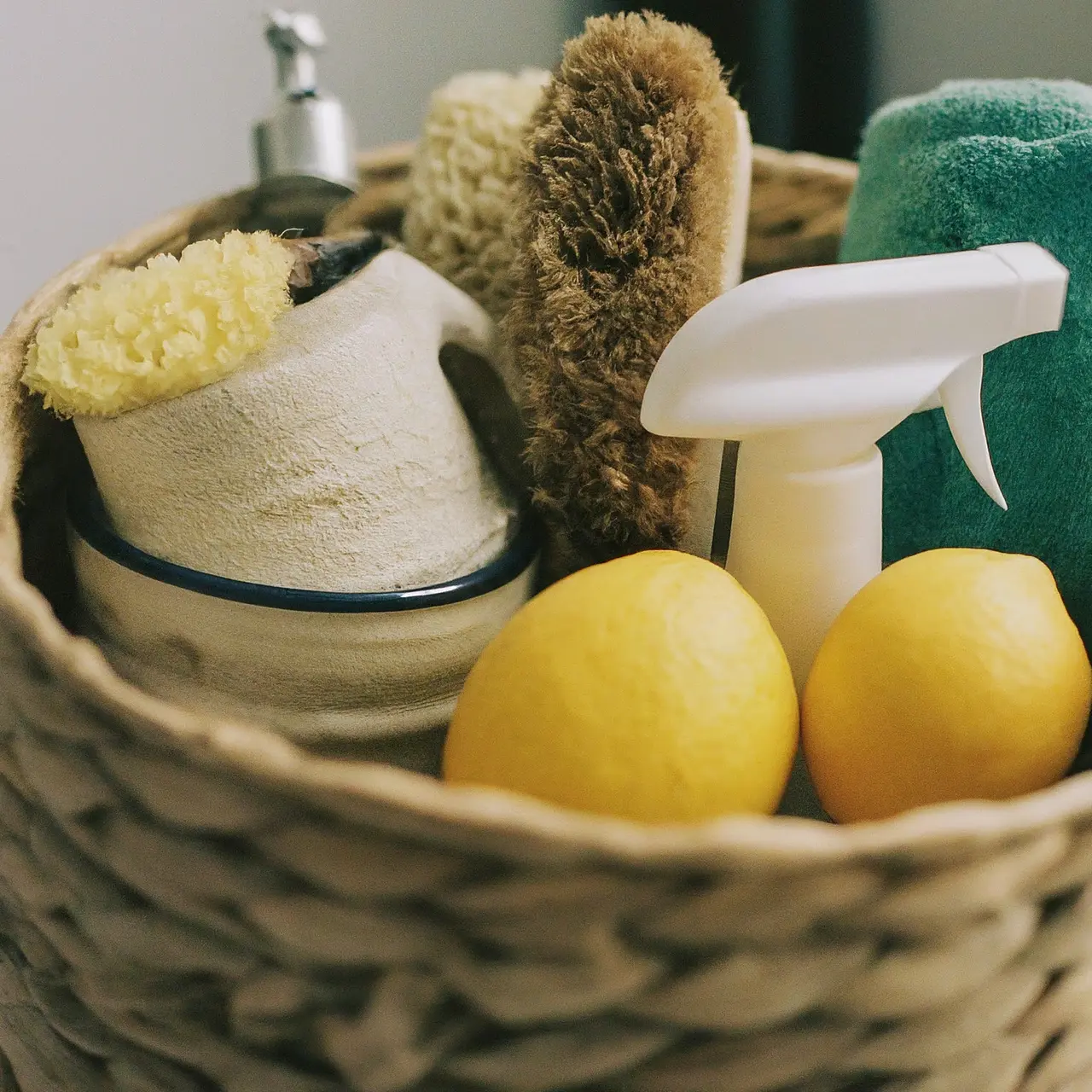 Close-up of a basket filled with natural cleaning products. 35mm stock photo