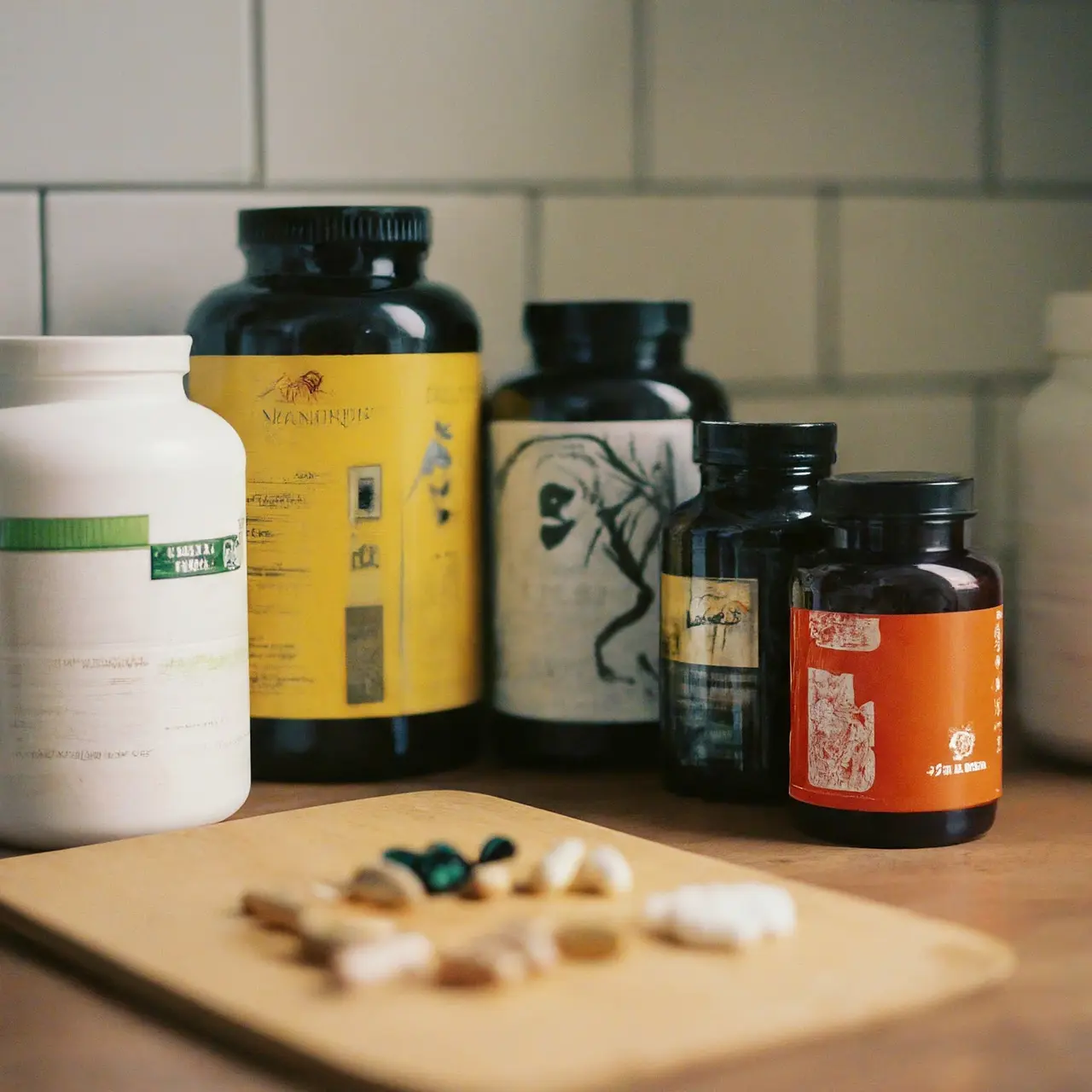 A variety of supplement bottles arranged on a kitchen counter. 35mm stock photo