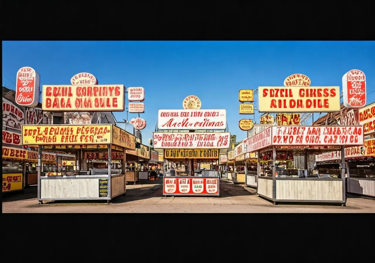 A colorful array of street food stalls with bright signs. 35mm stock photo