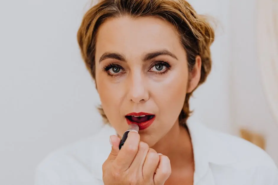 Close-up of an adult woman applying red lipstick, showcasing beauty and elegance