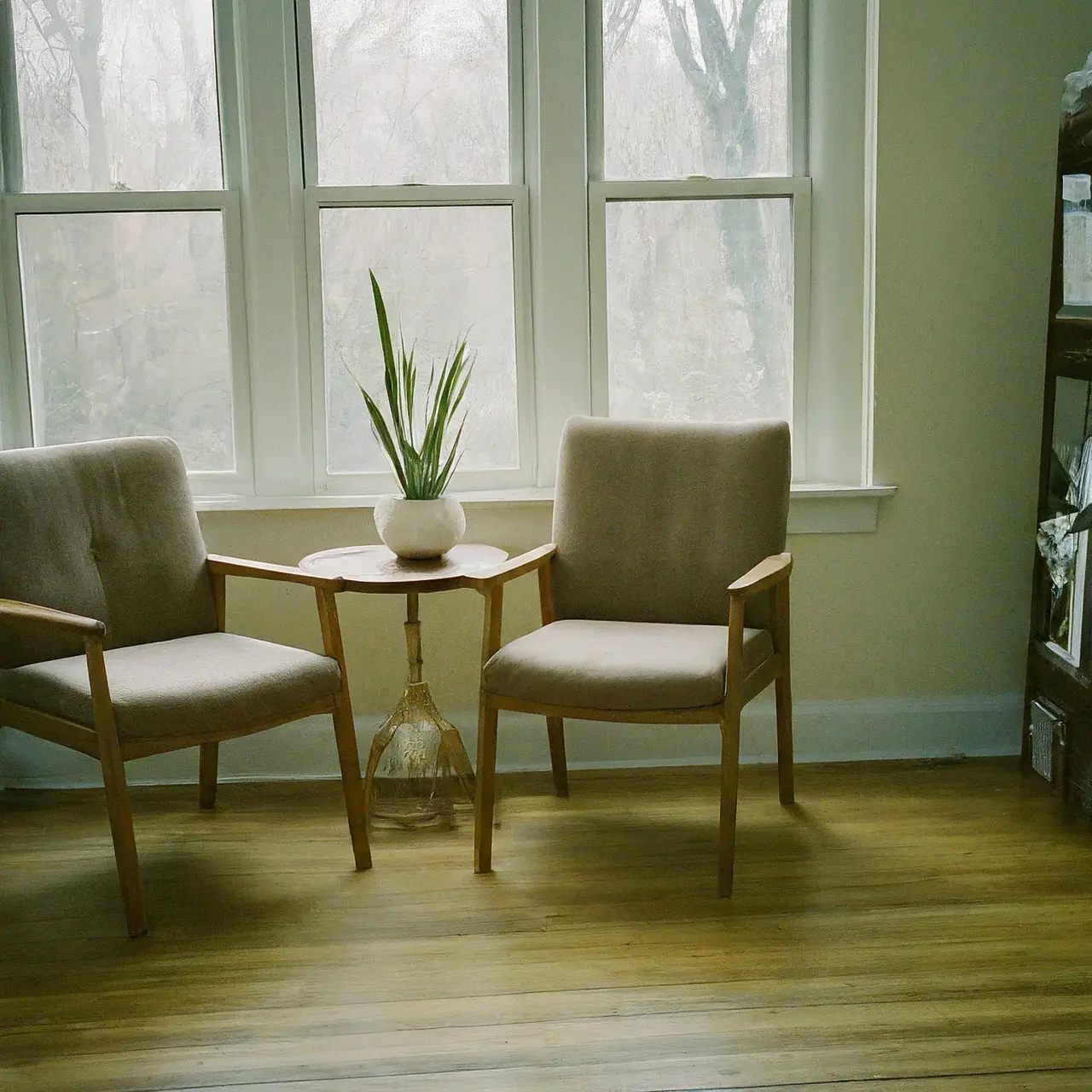 A serene counseling room with comfortable chairs and soothing decor. 35mm stock photo