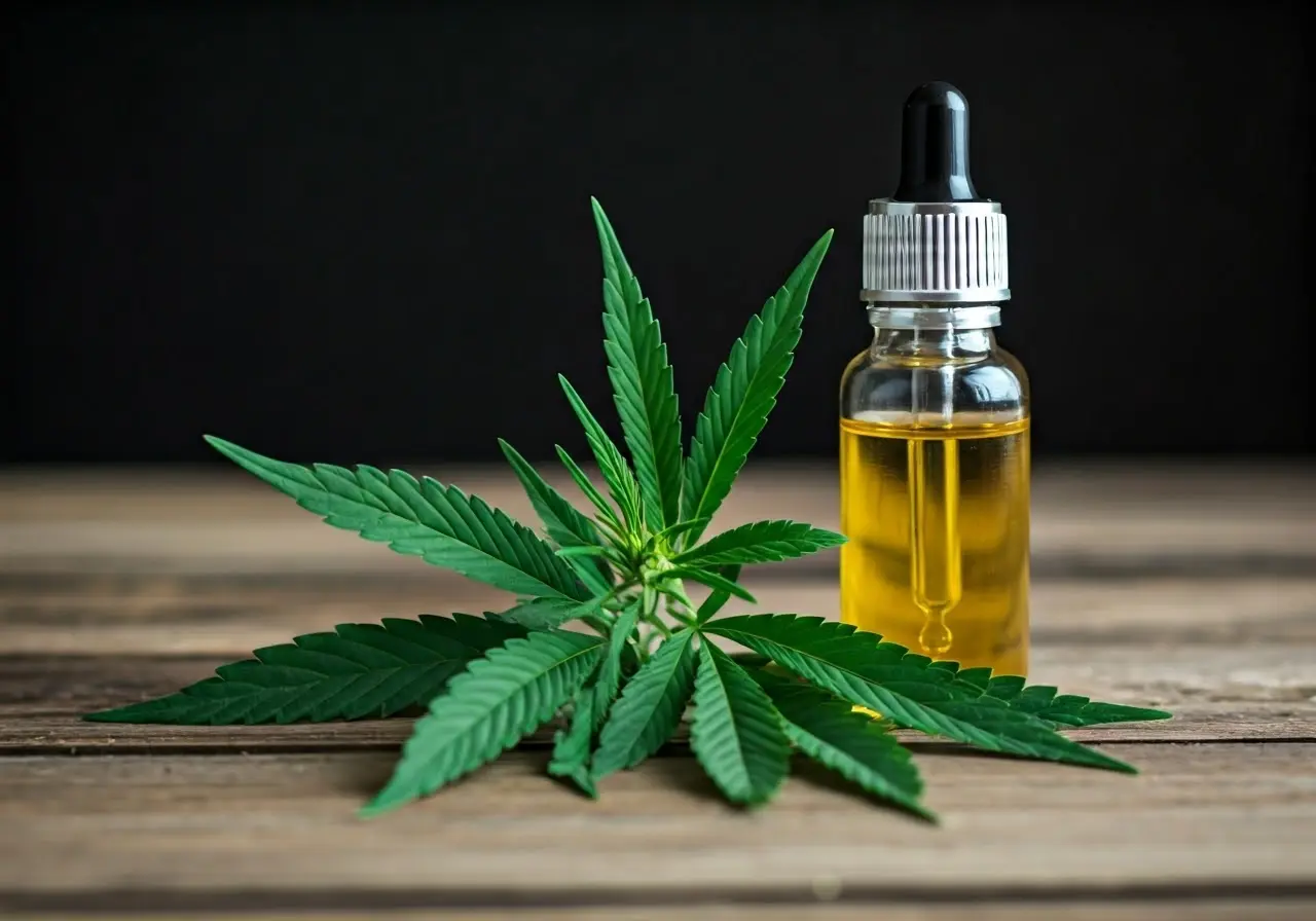 A close-up of cannabis leaves beside a bottle of CBD oil. 35mm stock photo