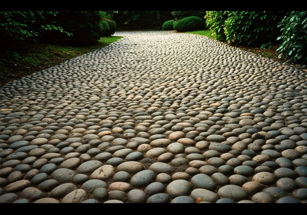 A serene garden path lined with smooth, colorful pebbles. 35mm stock photo