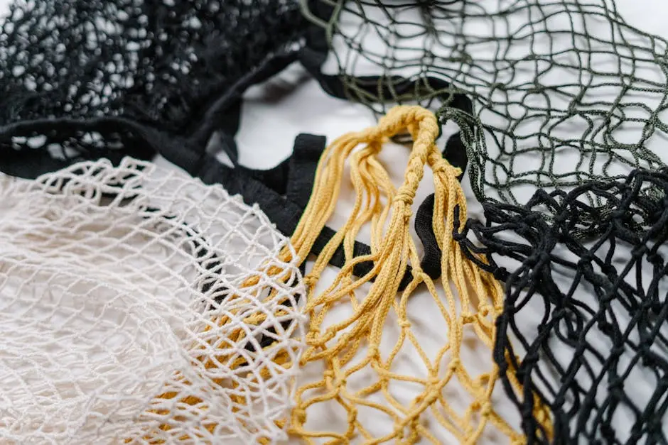 Close-up of reusable mesh bags in black, white, and yellow showcasing eco-friendly shopping options.