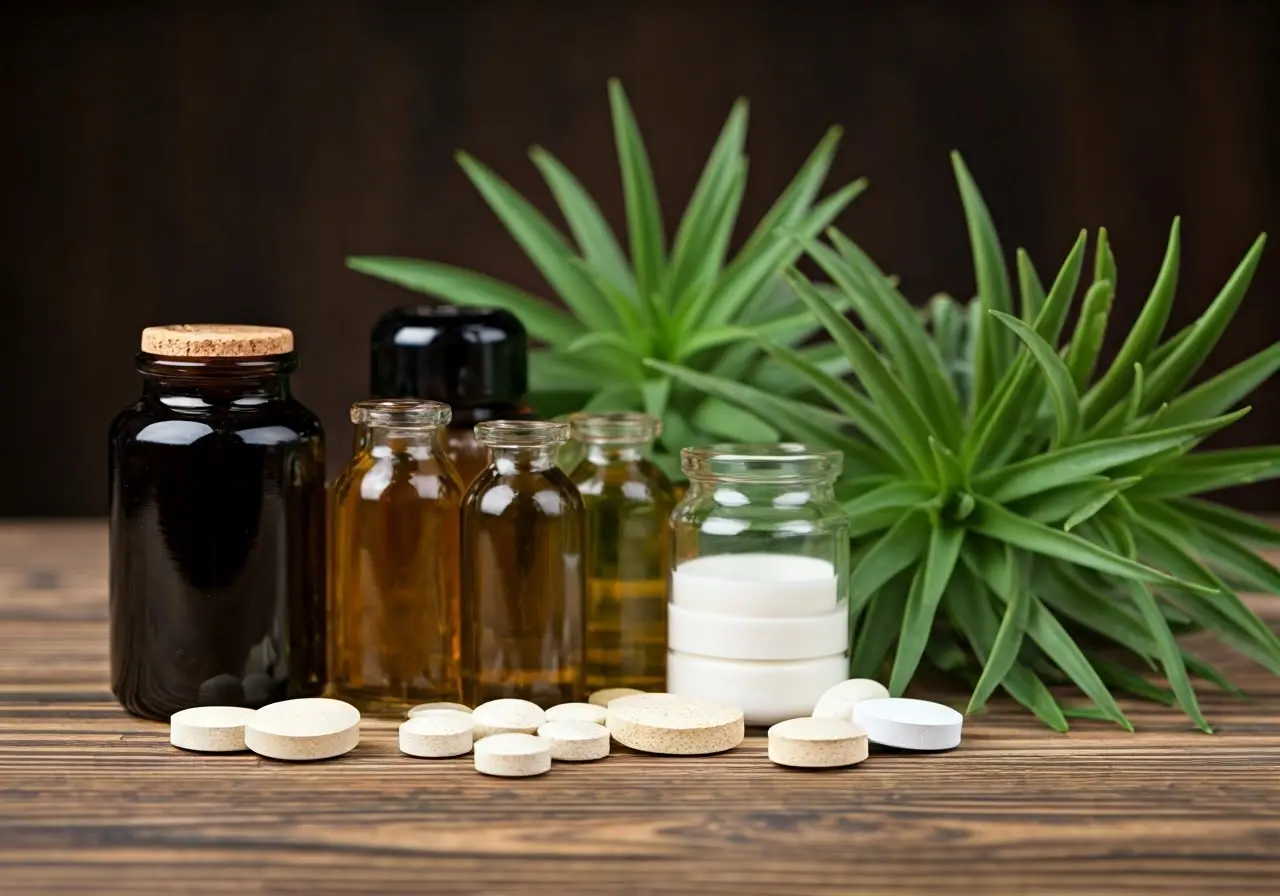 Assorted wellness supplements on a wooden surface with plants. 35mm stock photo